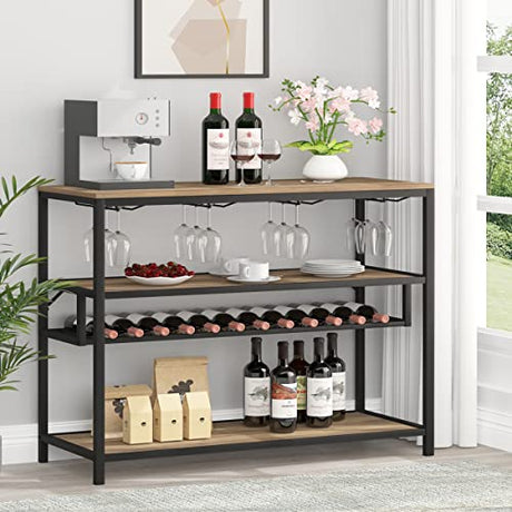 Wine Rack Table, Modern Metal and Wood Wine Bar Cabinet Freestanding Floor