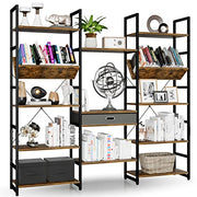 Triple Wide 5 Tier Bookshelf, Adjustable Rustic Industrial Style Book Shelves