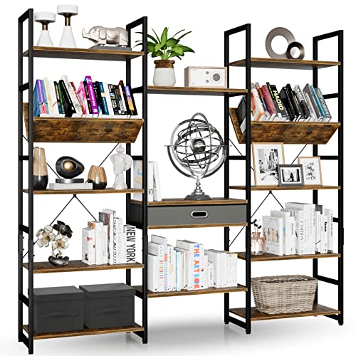 Triple Wide 5 Tier Bookshelf, Adjustable Rustic Industrial Style Book Shelves