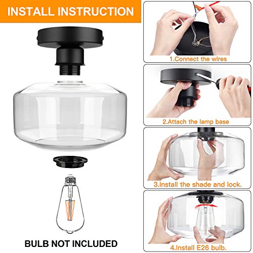 Industrial Semi Flush Mount Ceiling Light, Clear Glass Pendant Lamp Shade