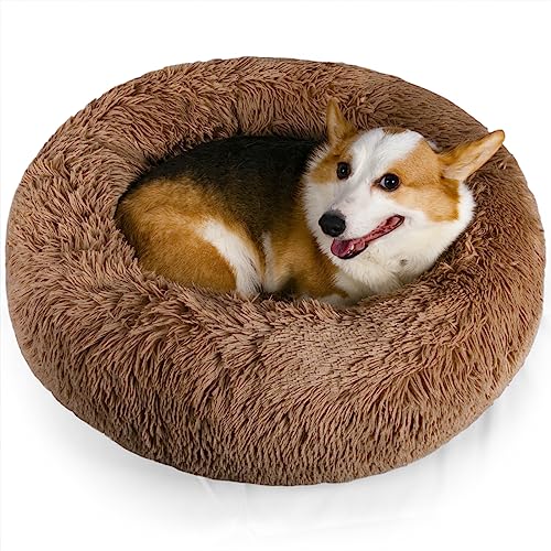 Calming Dog Bed - Anti Anxiety with Removable Cover  Fluffy Plush Faux