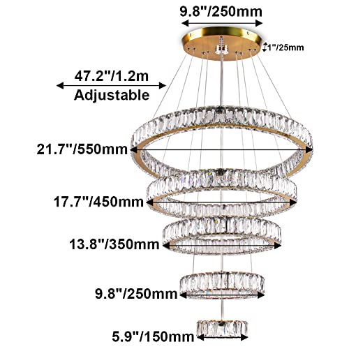 LED Big Crystal Chandeliers Modern 5 Rings Pendant Light Adjustable Ceiling Light