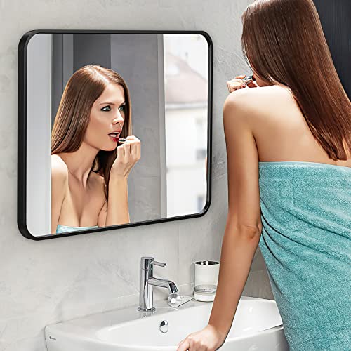 Black Bathroom Mirror for Wall, 24x36 Inch Rectangluar Black Metal Framed Mirror