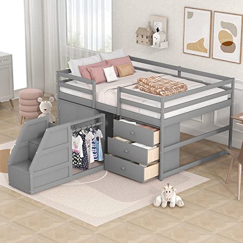Designs Full Size Loft Bed with Stairs and Storage Drawers