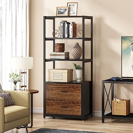 Bookcase, 4-Tier Bookshelf with 2 Drawers, Etagere Standard Book Shelves Display Shelf