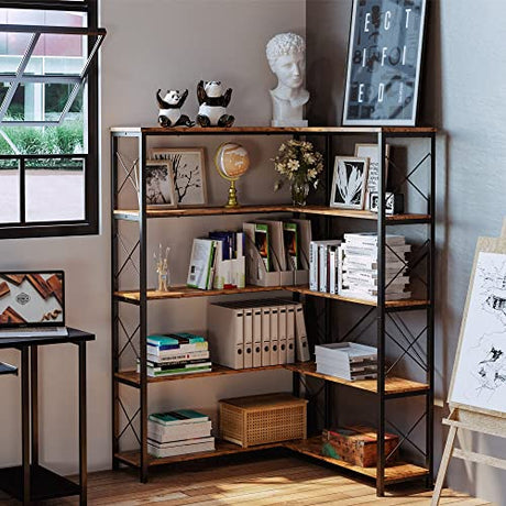 5-Shelf Corner Bookcase, Vintage Industrial Corner Bookshelf Etagere Bookcase