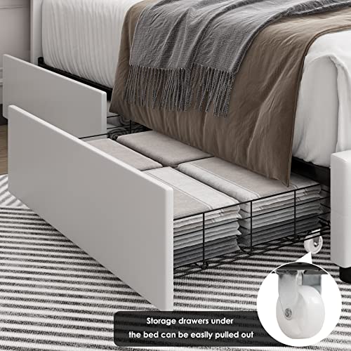 Modern Upholstered Bed Frame with 4 Drawers, Button Tufted Headboard Design