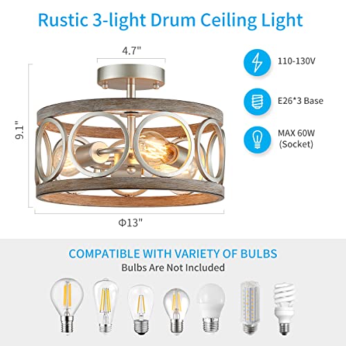 Rustic Semi Flush Mount Ceiling Lighting Fixture, 3-Light Antique Wood Grain Drum Lamp with Metal Shade
