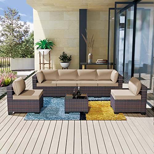 Patio Furniture 7 Pieces Outdoor Sectional PE Rattan Sofa Set Brown Manual Wicker