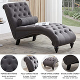 Button-Tufted Chaise Lounge Indoor with Solid Wood Legs & Support Pillow