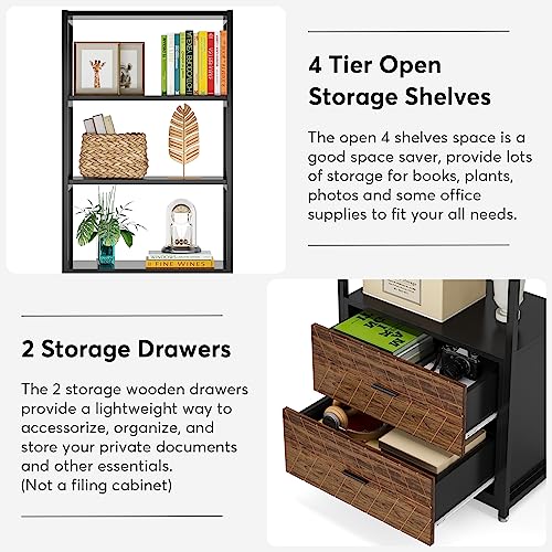 Bookcase, 4-Tier Bookshelf with 2 Drawers, Etagere Standard Book Shelves Display Shelf