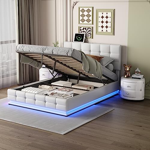 3-Pieces Bedroom Sets, Upholstered Bed with LED Lights, Hydraulic Storage System