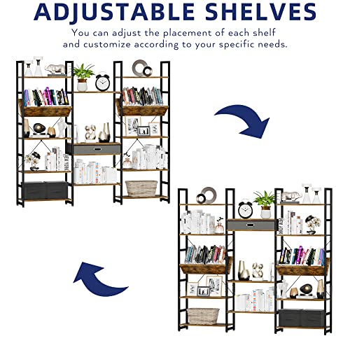 Triple Wide 5 Tier Bookshelf, Adjustable Rustic Industrial Style Book Shelves