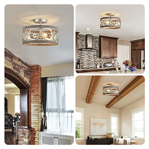 Rustic Semi Flush Mount Ceiling Lighting Fixture, 3-Light Antique Wood Grain Drum Lamp