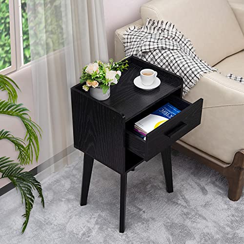 Black Nightstand, Bed Side Table with Drawer Open Shelf, Wood Nightstands