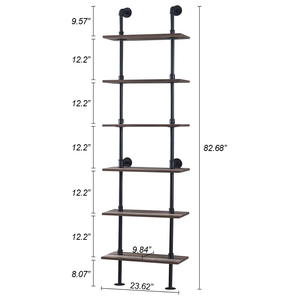 Industrial Bookshelf, 6-Tier Industrial Pipe Bookshelf, Wall Mounted Ladder Shelves