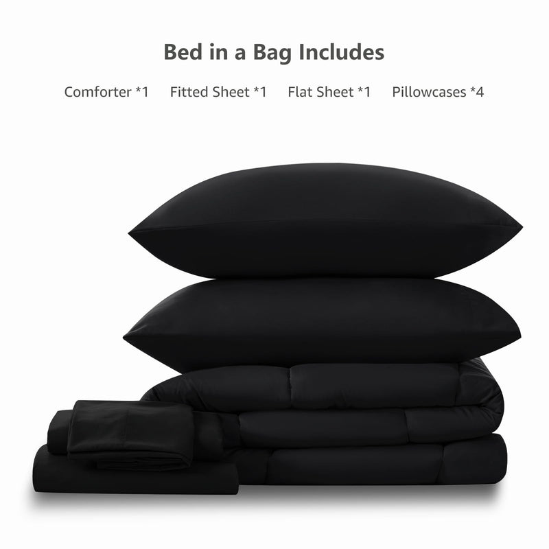 Queen Comforter Set - 7 Pieces Bed in a Bag Set Black, Bedding Sets Queen