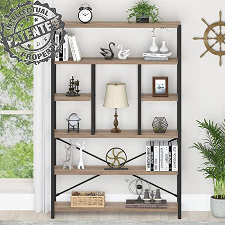 Tall Industrial Etagere Bookcase, Modern Wood Large Open 6 Tier Bookshelf