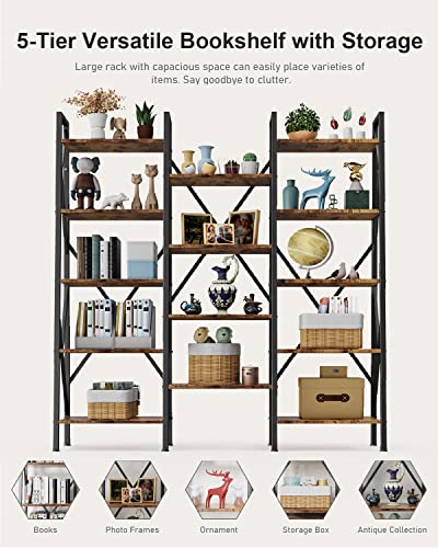 Modern Triple Wide 5 Tiers Bookshelf with Storage, Industrial Bookcase with 14 Open Display Shelves