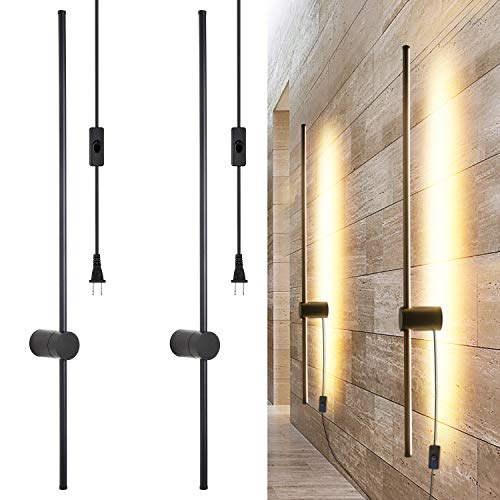Modern Plug in Wall Sconce Set of 2 LED Black Wall Lights with Plug in Cord On/Off Switch 39 3/8 inches Warm White Wall Mounted Deco Lamp
