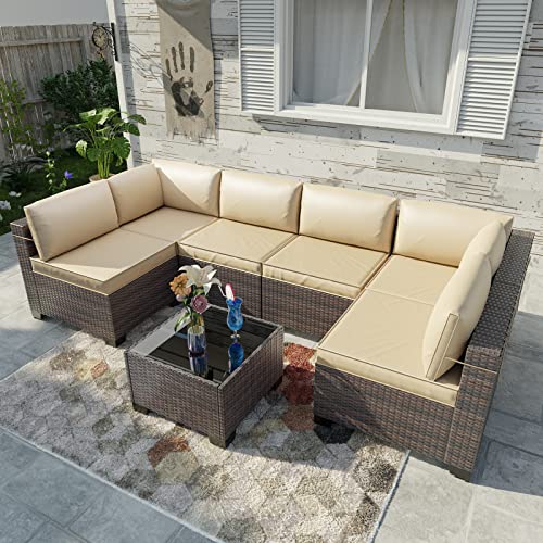 Patio Furniture 7 Pieces Outdoor Sectional PE Rattan Sofa Set Brown Manual Wicker