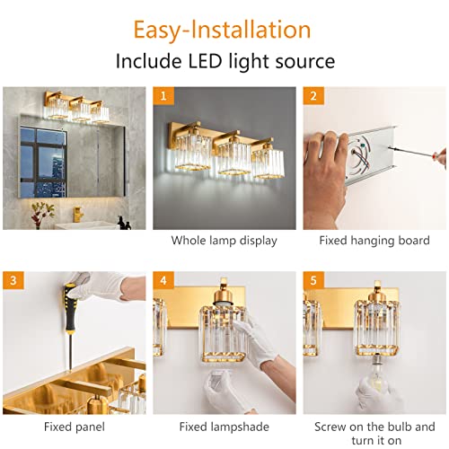 Modern Gold Crystal Bathroom Vanity Light 3-Lights Modern Bathroom Wall Light Gold Bathroom Vanity Light Fixtures