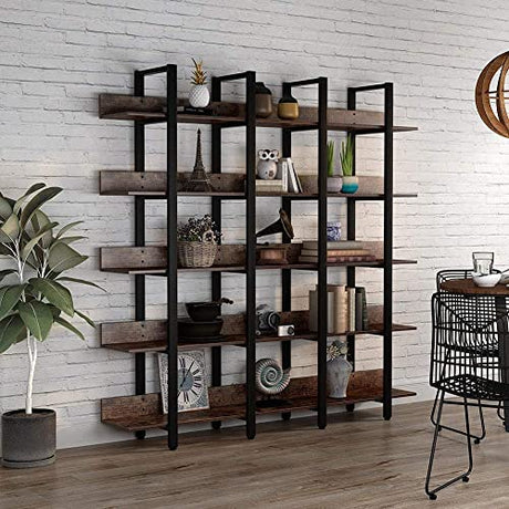 Rustic Triple Wide 5-Tiers Open Bookcase