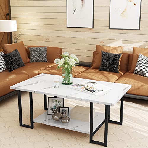 Marble Coffee Table, Faux Marble Top Rectangular Coffee Table with Black Metal Frame