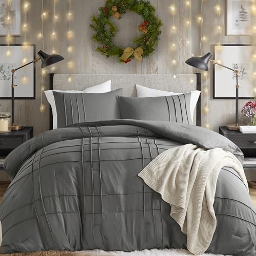 Grey Queen Comforter Set - 3 Pieces Pintuck Pleated Farmhouse Bedding