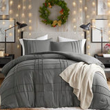 Grey Queen Comforter Set - 3 Pieces Pintuck Pleated Farmhouse Bedding