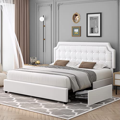Upholstered Queen Platform Bed Frame with 4 Drawers and Curved Button Tufted Headboard