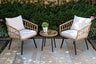 3 Piece Chat Set, Aluminum Frame + Tan Wicker + Linen Cushions