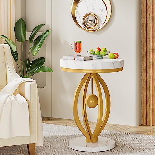 Gold Round End Table, Faux Marble Sofa Side Table, Modern Nightstand with Unique Iron