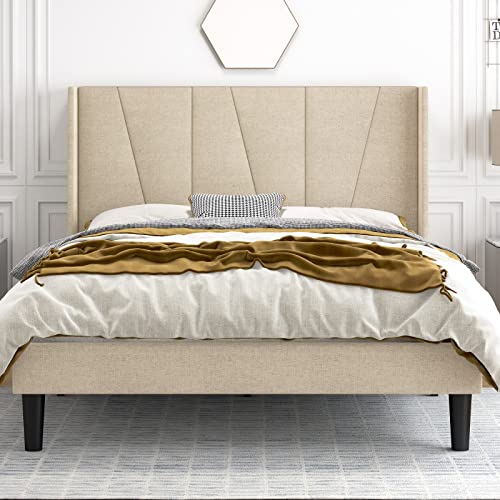 Queen Size Upholstered Platform Bed Frame with Modern Geometric Wingback Headboard