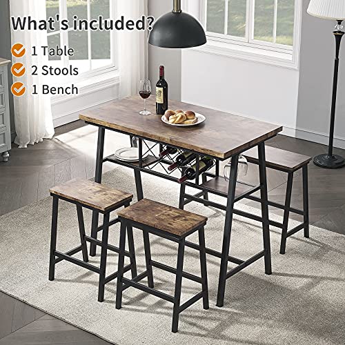 4-Piece Counter Height Dining Room Table Set, Bar Table with One Bench and Two Stools