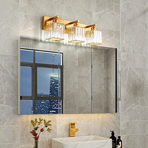 Modern Gold Crystal Bathroom Vanity Light 3-Lights Modern Bathroom Wall Light Gold Bathroom Vanity