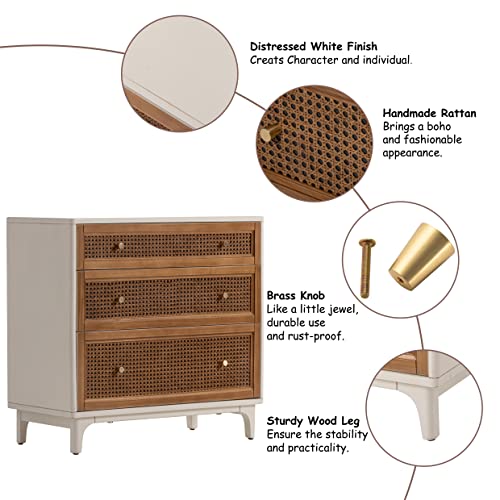 Farmhouse 3-Drawer Rattan Cane Front Accent Dresser with Brass Knobs for Living Room