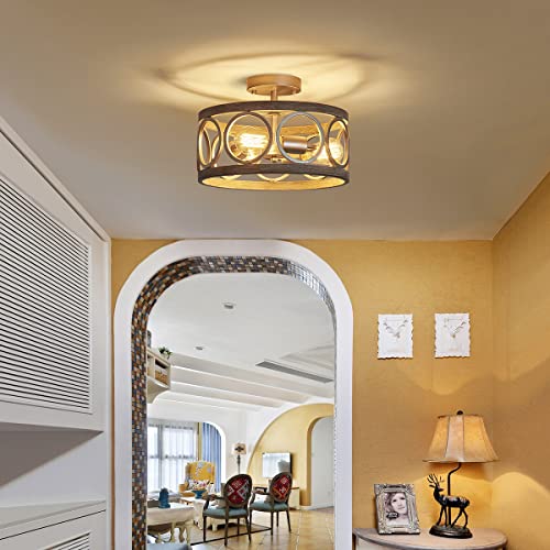 Rustic Semi Flush Mount Ceiling Lighting Fixture, 3-Light Antique Wood Grain Drum Lamp
