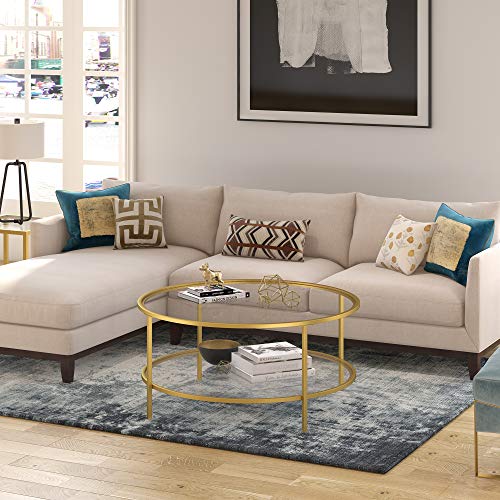 Sivil 36'' Wide Round Coffee Table with Glass Top in Brass