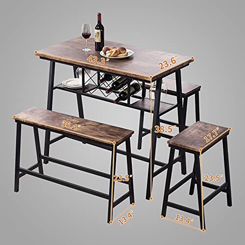 4-Piece Counter Height Dining Room Table Set, Bar Table with One Bench and Two Stools