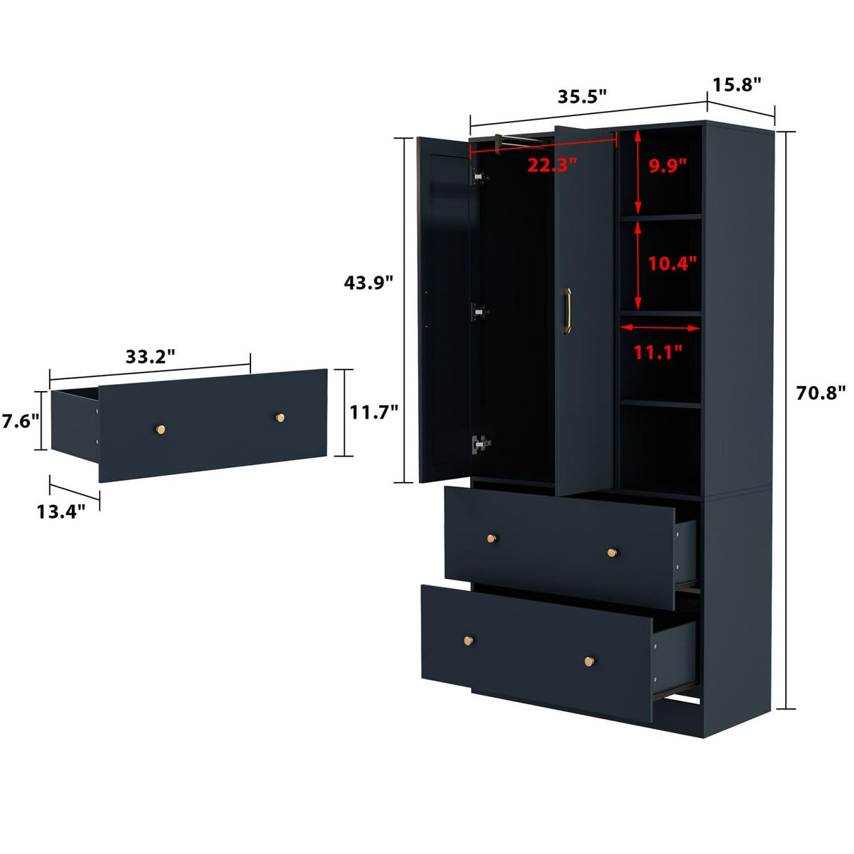 Modern Armoire Wardrobe with Mirror & Sliding Hanging Rod, 2 Door Wardrobe with Drawers & Shelves