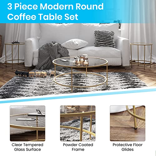 Astoria Collection Coffee and End Table Set - Clear Glass Top with Round Matte Gold Frame