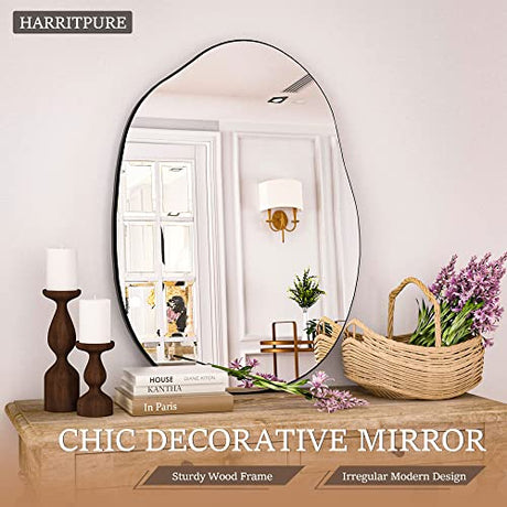 Black Asymmetrical Bathroom Mirror Wood Framed Modern Decorative Vanity Mirror