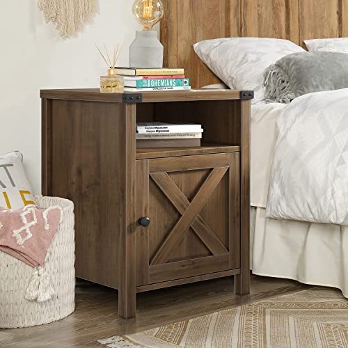 Side Table, Set of 2 End Table with Barn Door and Shelf