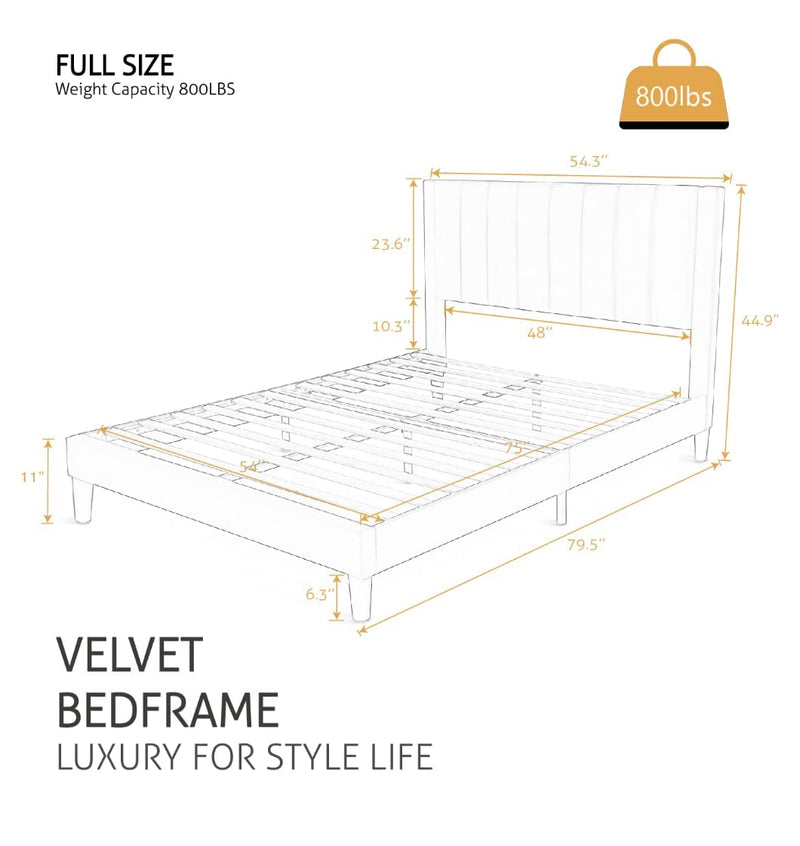 Full Bed Frame/Velvet Upholstered Platform Bed Frame with Headboard/Strong Wood Slats Support