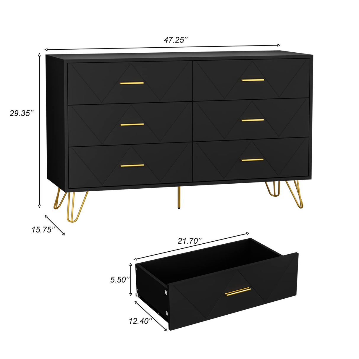 Black Dresser for Bedroom, Modern Dresser for Bedroom, 6 Drawer Double Dresser