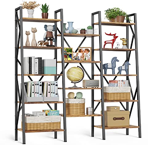 Modern Triple Wide 5 Tiers Bookshelf with Storage, Industrial Bookcase with 14 Open Display Shelves
