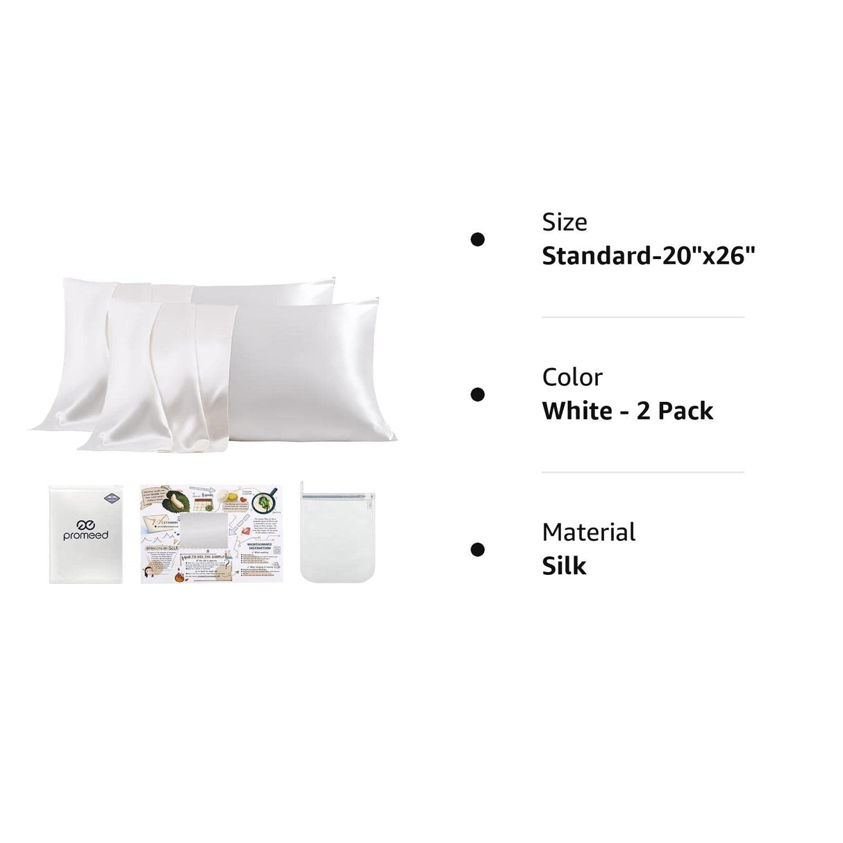 White Silk Pillowcase 2 Pack for Hair and Skin, Both Sides 23 Momme Mulberry Silk