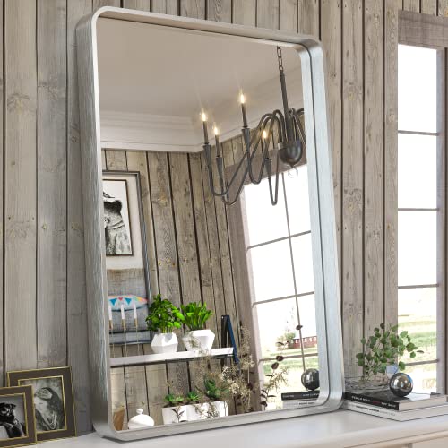 Silver Bathroom Mirror, 22x30 Inch Wall Mounted Framed Brushed Rectangle Metal Frame