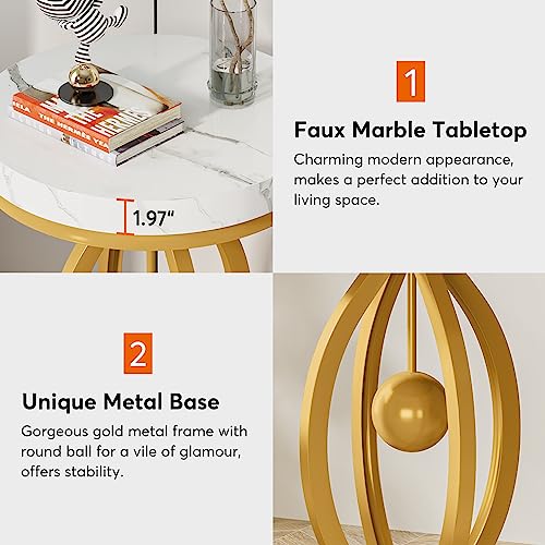 Gold Round End Table, Faux Marble Sofa Side Table, Modern Nightstand with Unique Iron